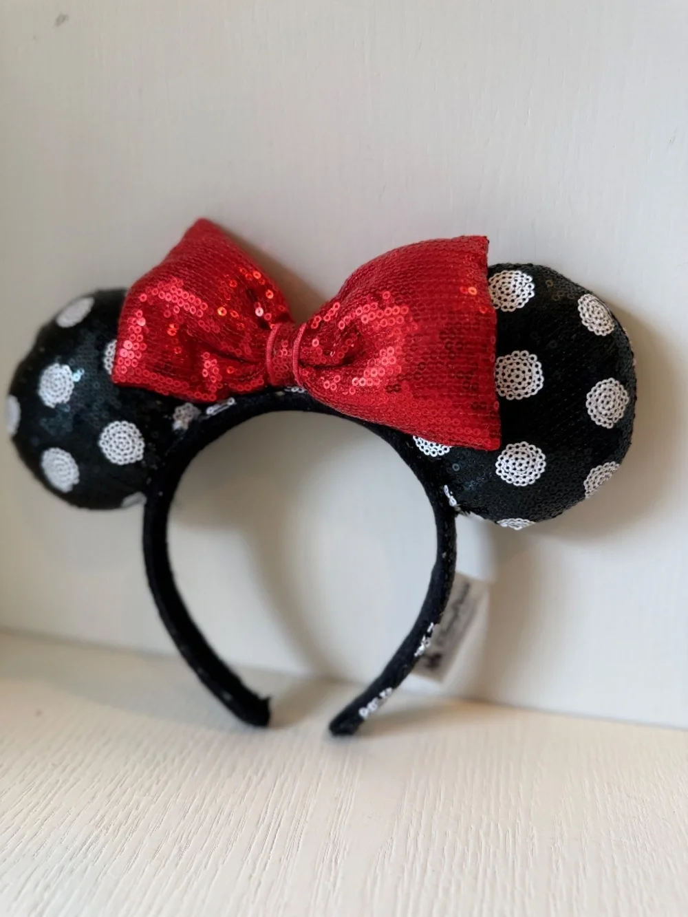 Disney Parks Minnie Mouse Sequin Ears Red Bow Polka Dot Headband